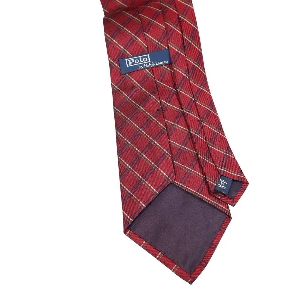 Polo Ralph Lauren Red Tartan Plaid Silk Tie Navy Olive Made‎ by Hand USA Classic